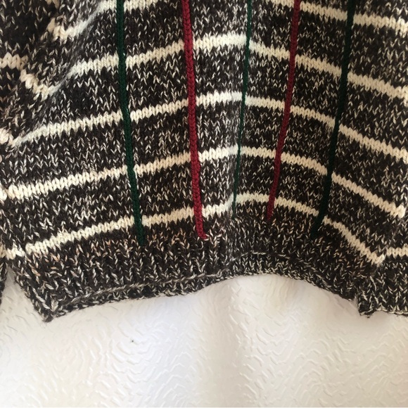 Handmade Handknit Longsleeve Neutral Tone Wool Sweater with Plaid Detailing - Picture 6 of 9